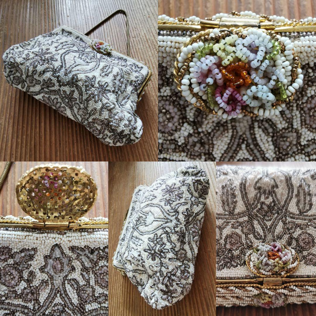 アンティーク マイクロビーズガラス 乳白透金ビーズ イブニング/パーティーバッグ