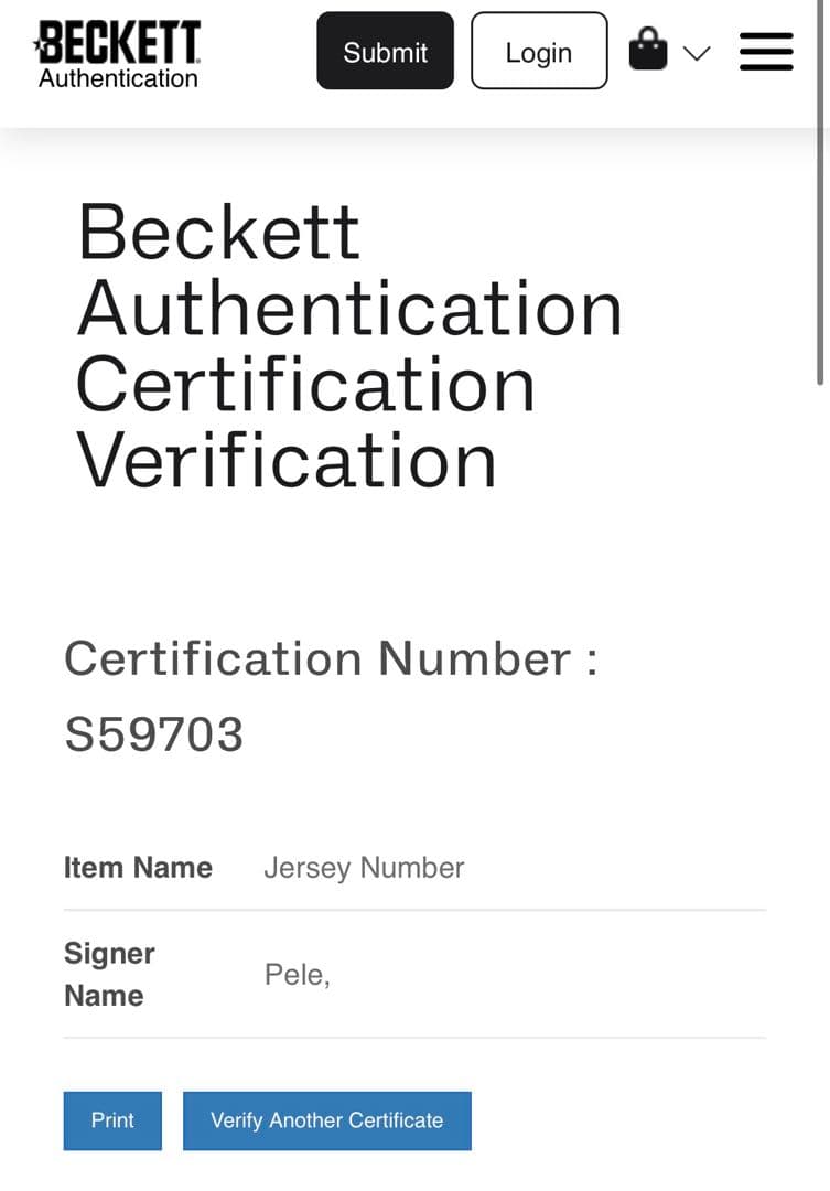ペレ　直筆サイン入り　BAS社　ベケット鑑定済み　ユニフォーム　ネイマール