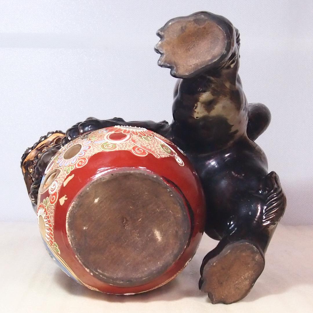 【希少・良品】九谷焼 狛犬 シルバー/銀色 玉乗り獅子/シーサー 魔除け 置物