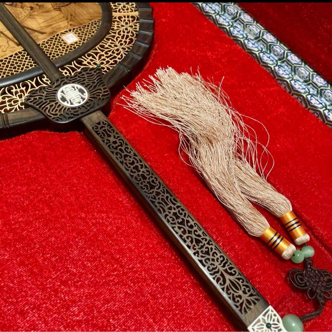 中国美術 唐木造 白檀透彫刻 翡翠 軍配型硯屏 唐団扇　唐物　伝統工芸