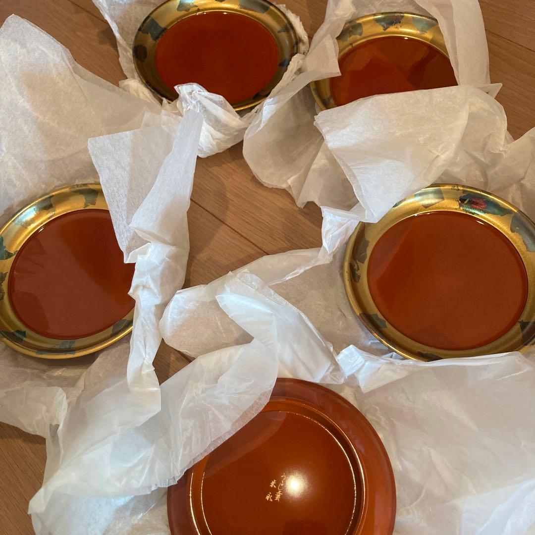 【昭和レトロ　新品未使用】漆器 椀 5枚セット うるし工芸　金箔入米永　大丸特選