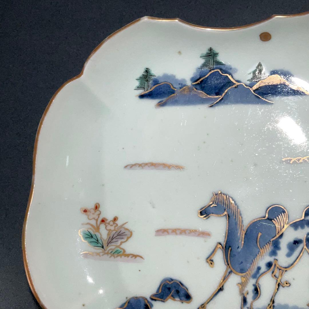 伊万里金襴手馬図変形皿　江戸　古伊万里　金直し　R0917w2ダH