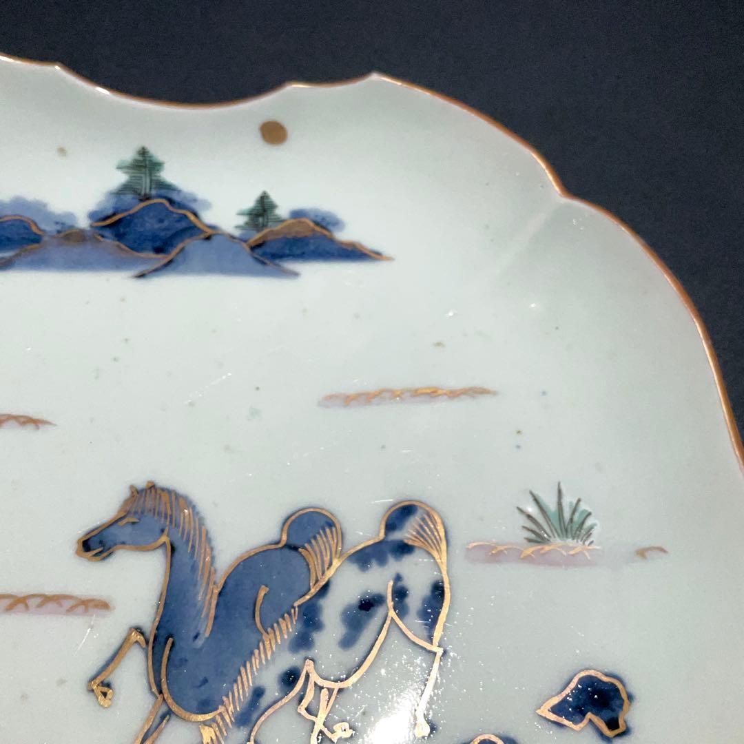 伊万里金襴手馬図変形皿　江戸　古伊万里　金直し　R0917w2ダH