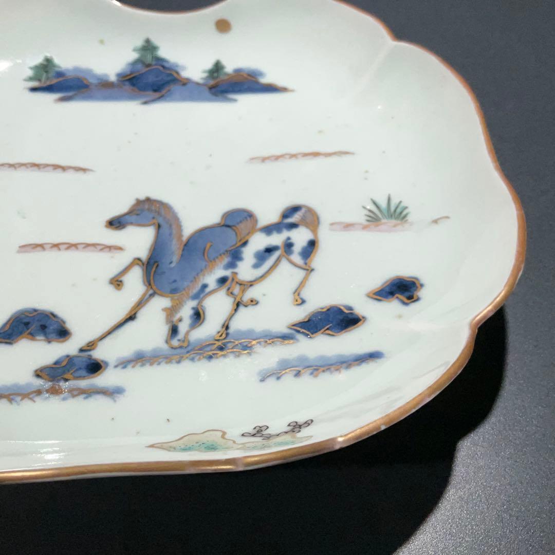 伊万里金襴手馬図変形皿　江戸　古伊万里　金直し　R0917w2ダH