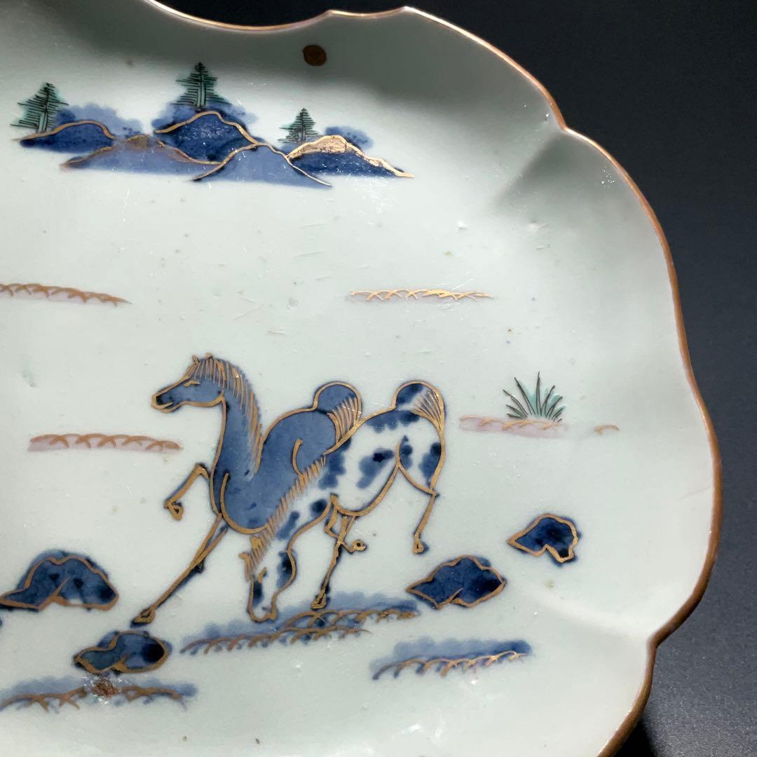 伊万里金襴手馬図変形皿　江戸　古伊万里　金直し　R0917w2ダH