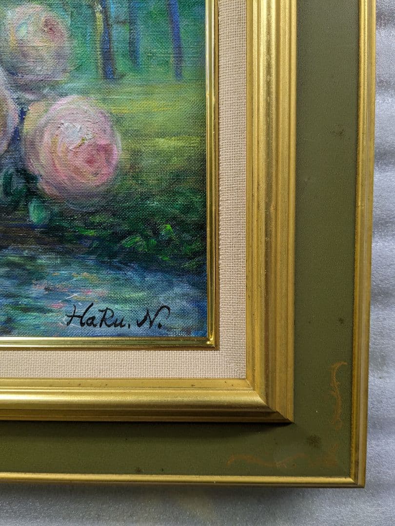 画家haru☆油彩画F4号☆水面に咲く薔薇☆原画★一点物☆