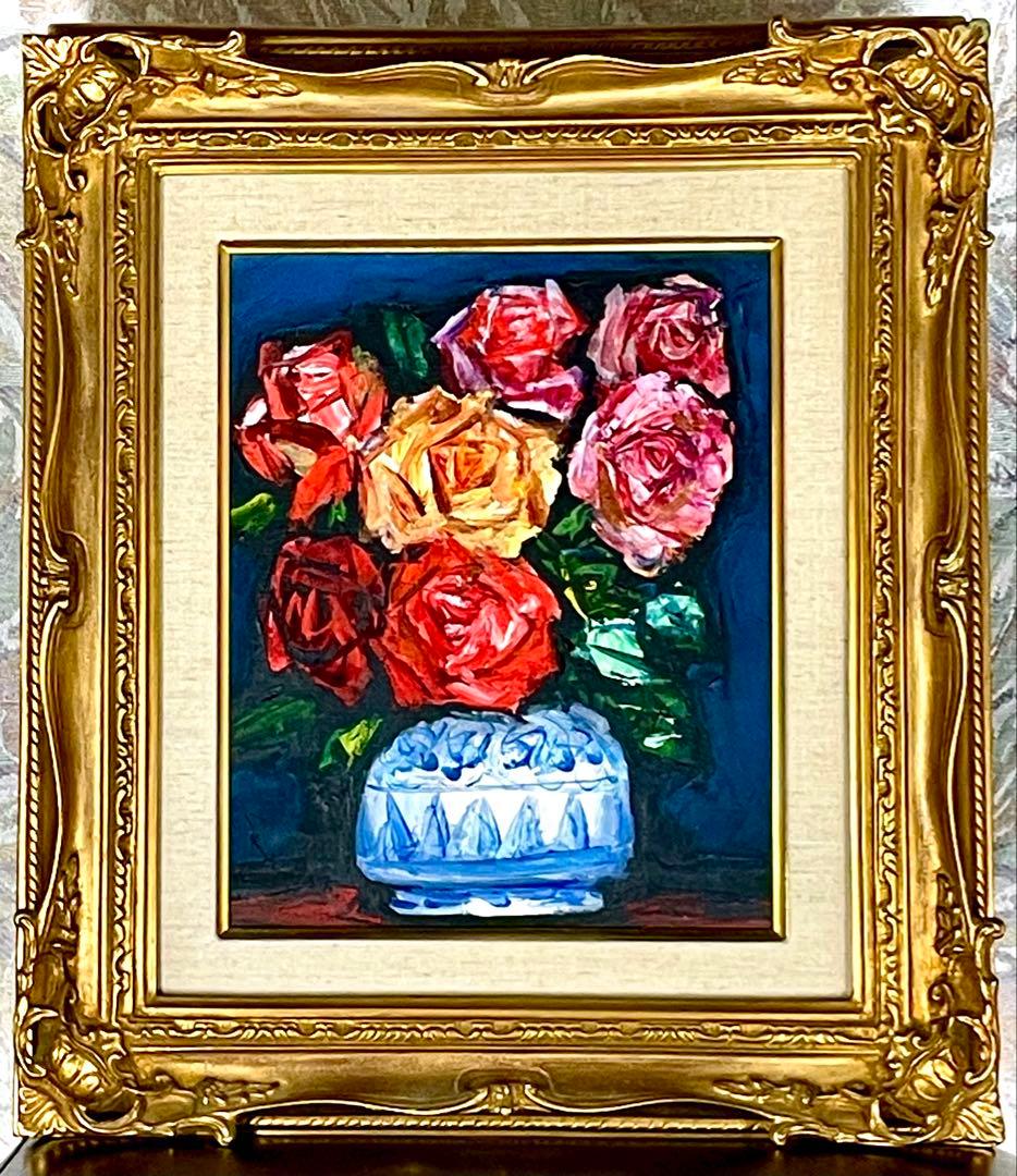 【おめで鯛さま専用】中川力　真作「ばら」 油彩3号　薔薇図傑作　表サイン