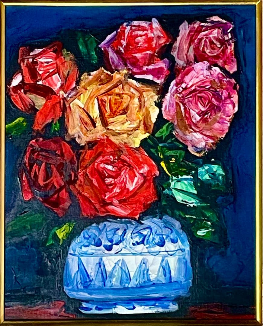 【おめで鯛さま専用】中川力　真作「ばら」 油彩3号　薔薇図傑作　表サイン