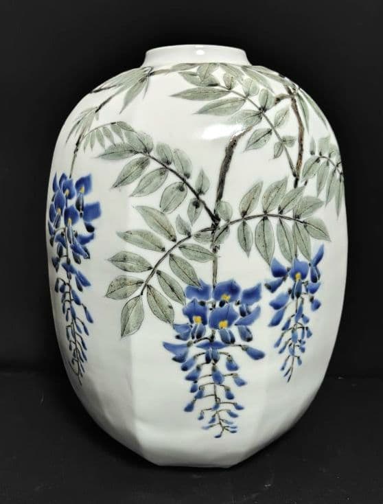 末岡信彦 色絵藤之図八角壷 共箱　色絵磁器