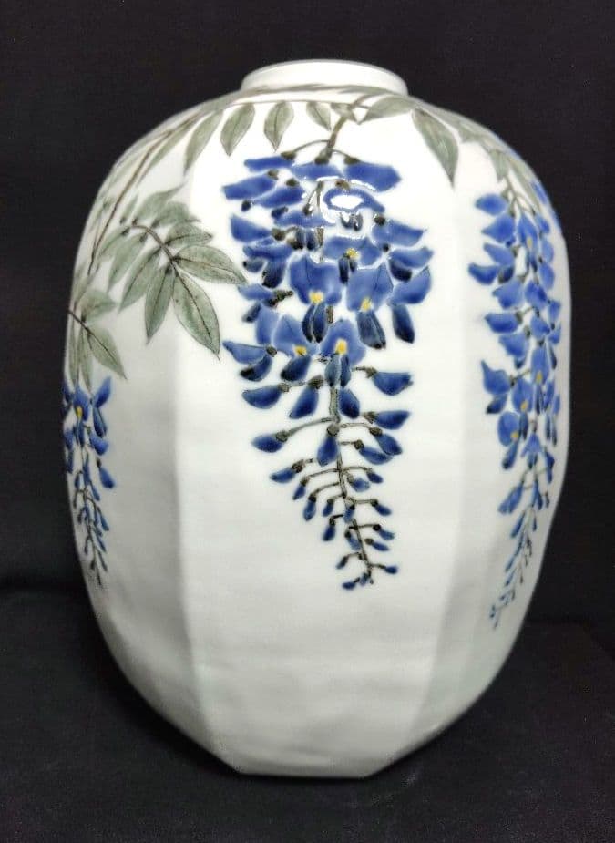 末岡信彦 色絵藤之図八角壷 共箱　色絵磁器