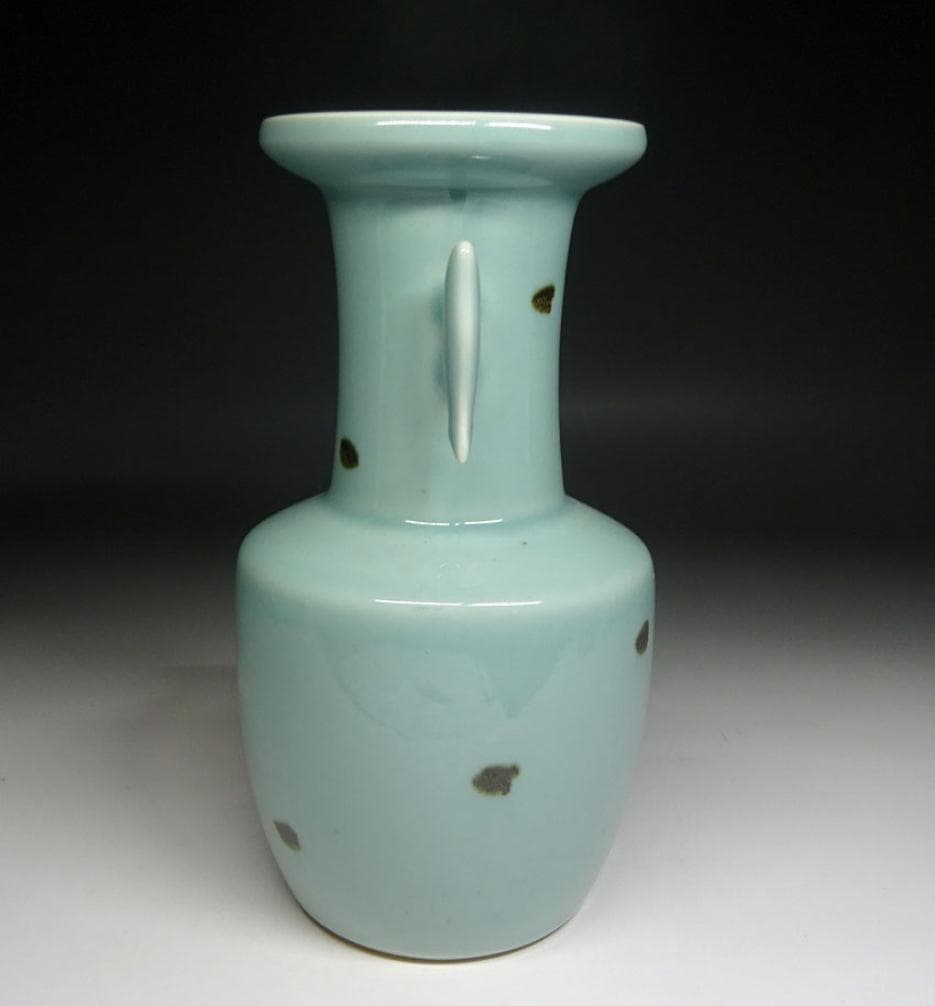 砥部焼 栖山窯 飛青磁 双魚耳 花瓶 高約20.5cm 時代物 t06201