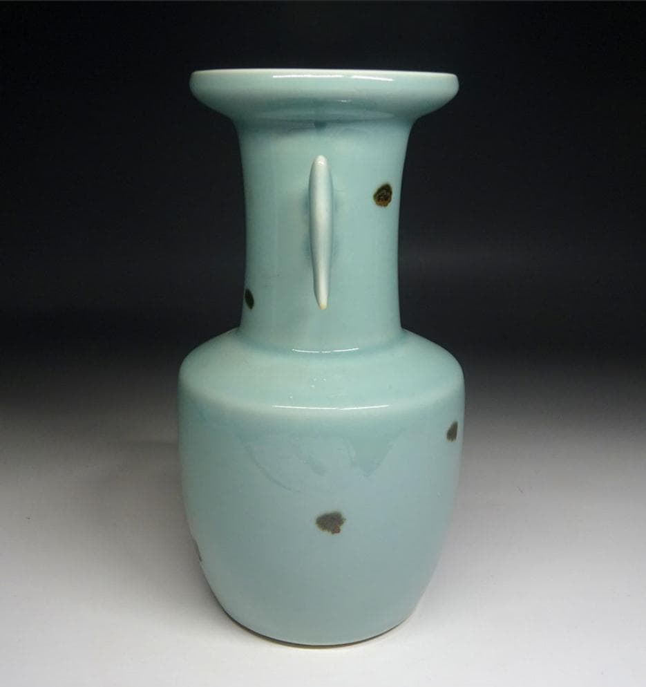 砥部焼 栖山窯 飛青磁 双魚耳 花瓶 高約20.5cm 時代物 t06201