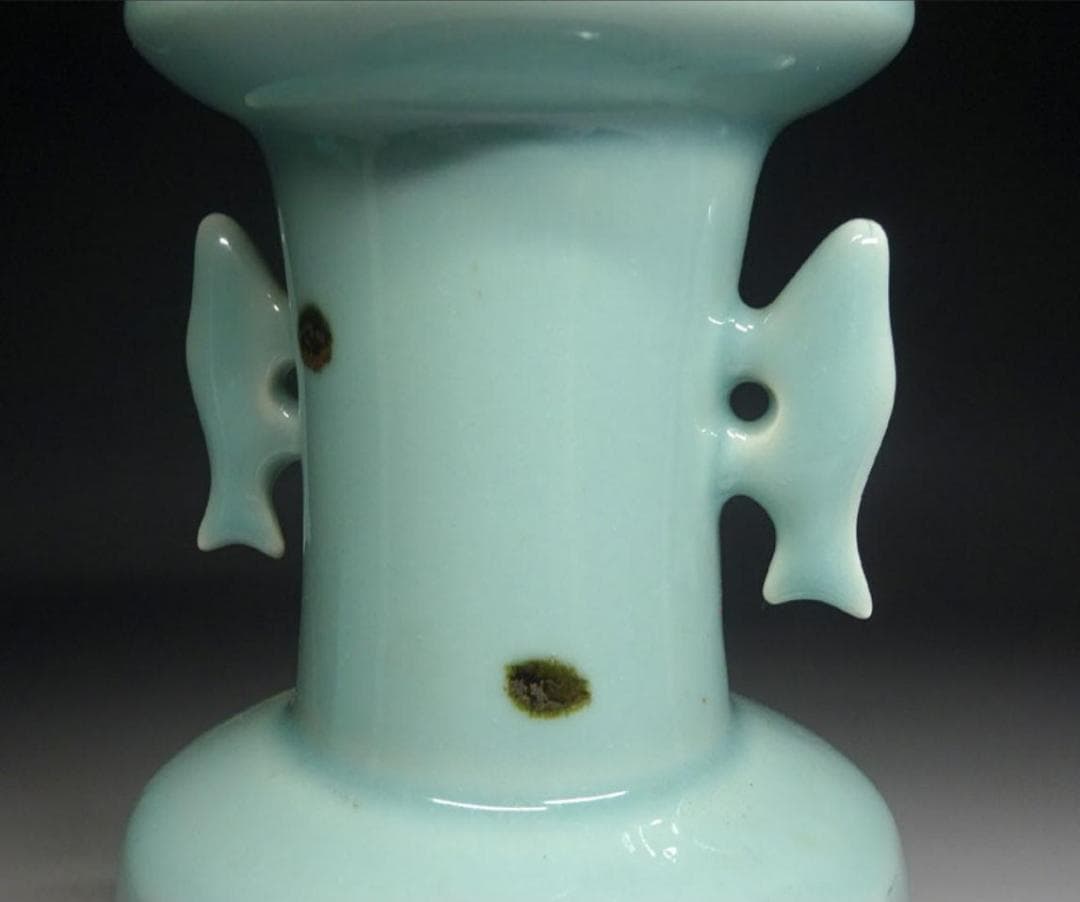 砥部焼 栖山窯 飛青磁 双魚耳 花瓶 高約20.5cm 時代物 t06201