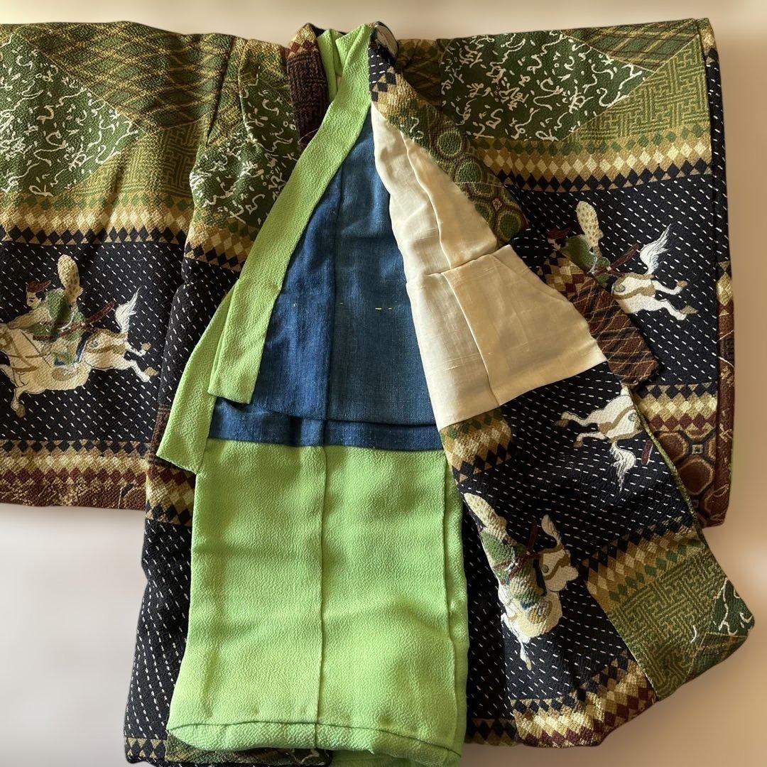 古布縮緬　二枚重ね　人形の着物　馬　やぶさめ　103103