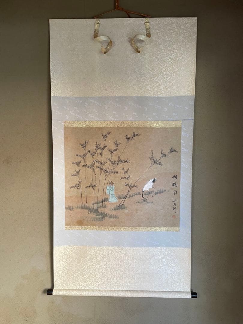中国　掛け軸　飼鶴図　梁振洲　飼鶴図