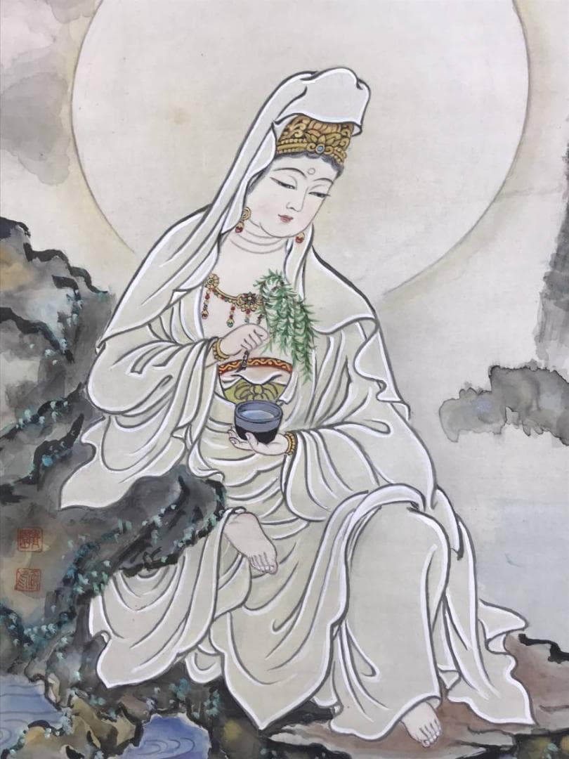 【真作】大関青園/観音図/仏事掛/人物図/掛軸☆宝船☆AD-551