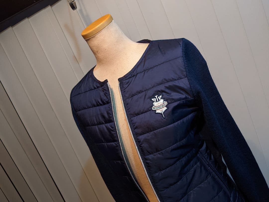 ビームス　ゴルフ ウェア　切替　異素材　中綿　ウール　ニット　ジャケット　紺 M