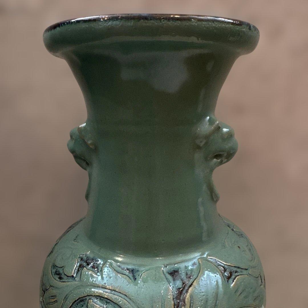 壺屋焼.小橋川永弘.緑釉.唐草.掻き落とし.線彫り.ビンテージ