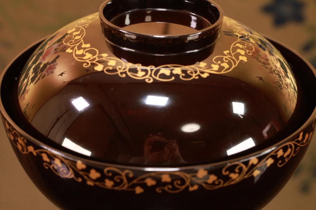 BK425　時代輪島塗　図替り　貝尽くし図金蒔絵　吸物椀　五客　木製 懐石 菓子