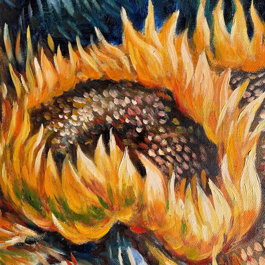 ★秀作★ （大）手書き油絵 ゴッホ 4本の切ったひまわり 肉筆絵画 額付 油彩画