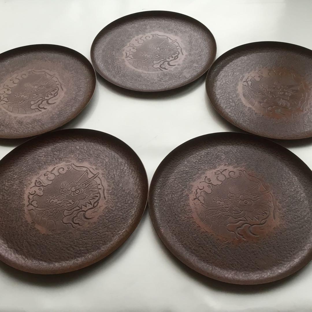 銅皿　龍模様　五枚　伝統工芸手打品　茶道具　青海盆　銘々皿　手づくり