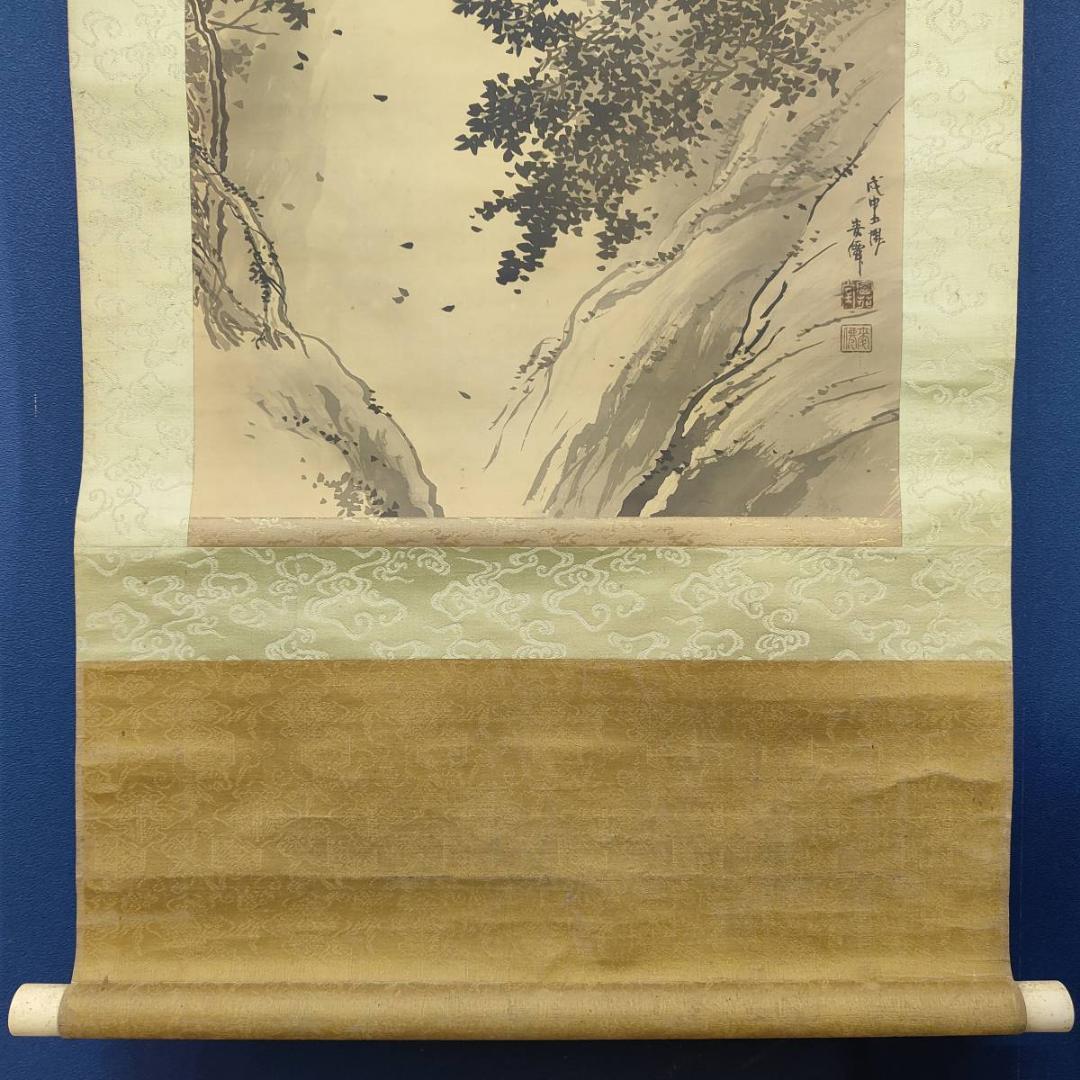 不詳/作者不詳/瀧図/滝図/山水小禽図/布袋屋掛軸A-393