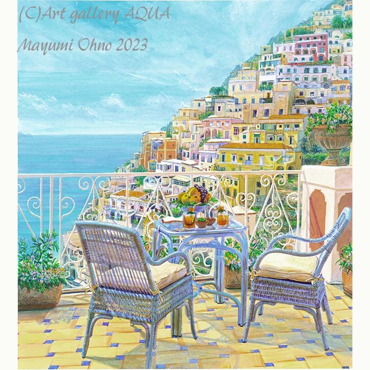イタリア　地中海　アマルフィ 版画　風景画　ヨーロッパ　イタリア 海　アクリル画