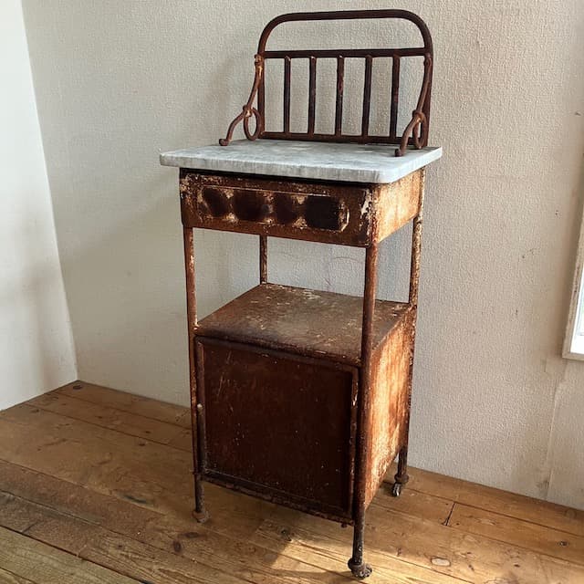 古道具 インダストリアル シャビー ヴィンテージ マーブル天板 ナイトスタンド