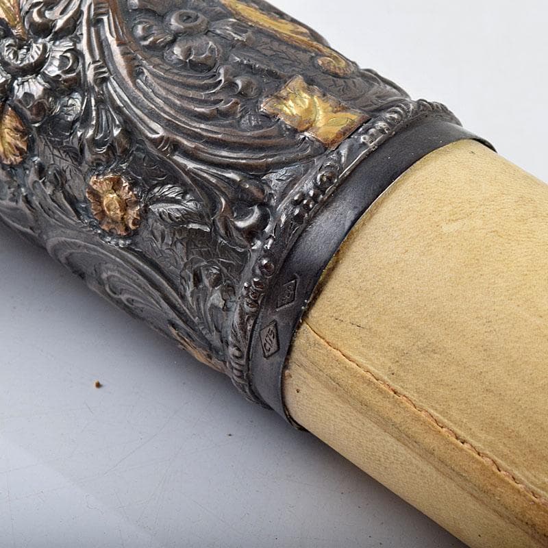 馬具　装飾品　中国　チベット　本皮製　古銅持ち手　鞭　C　9317