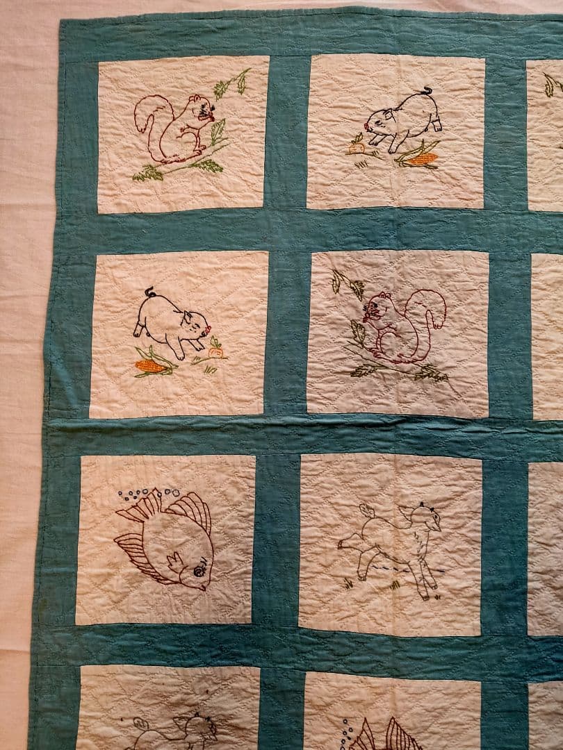 アンティーク キルト USA 動物刺繍