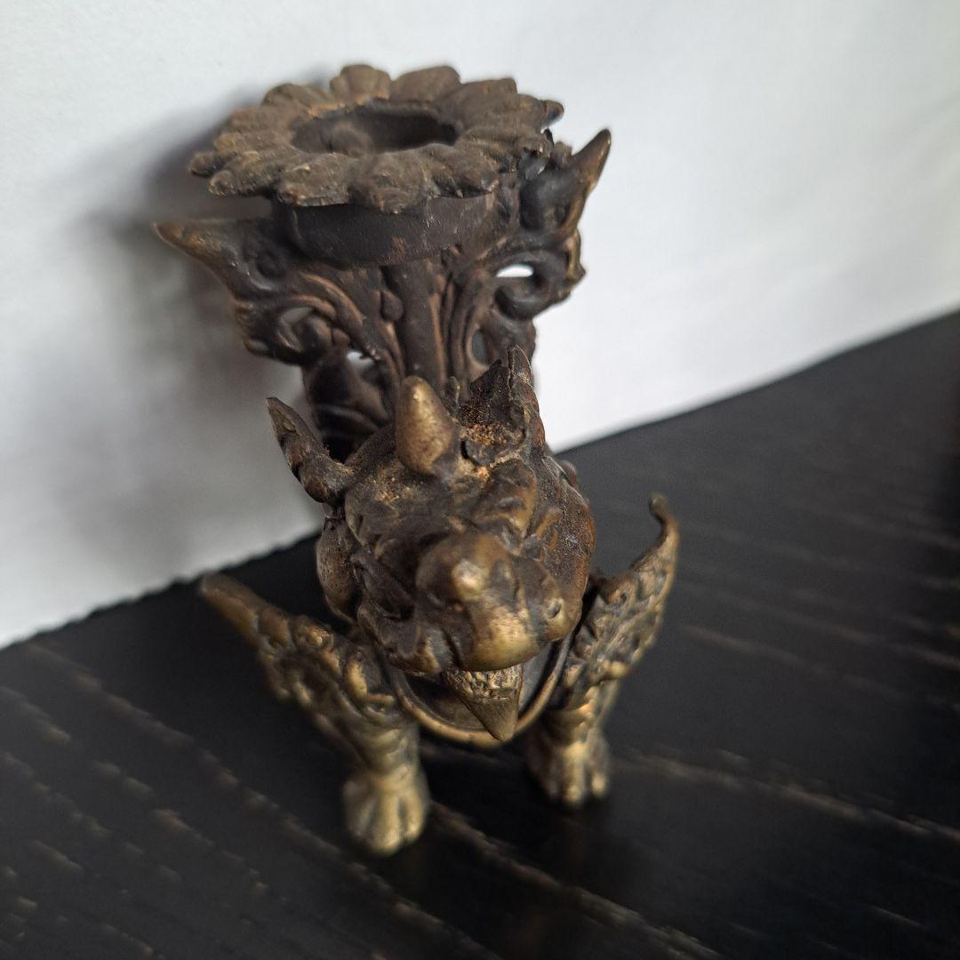 中国古玩　銅製　中国新渡　香炉　獅子立像　置物