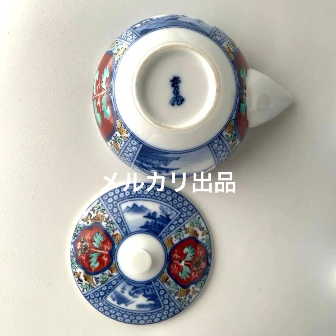 酒井田柿右衛門　煎茶器揃い　宝瓶　湯冷　湯呑　染付茶器　茶道具　染錦間取山水地紋