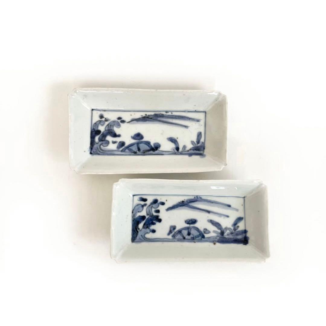 骨董　アンティーク　古伊万里　染付　水車波文様　長方皿　長皿　料理　懐石　2枚