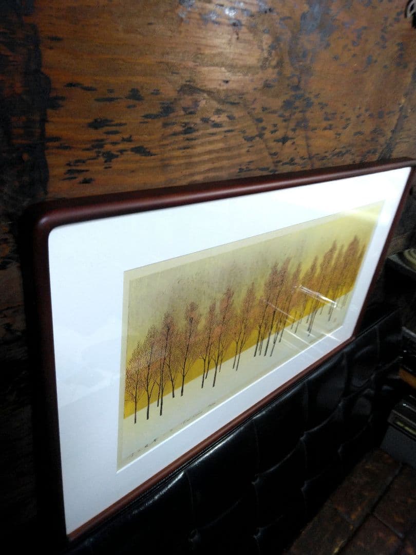 木版画 並木一 『木の風景』tree scene 直筆サイン　1990年　金箔
