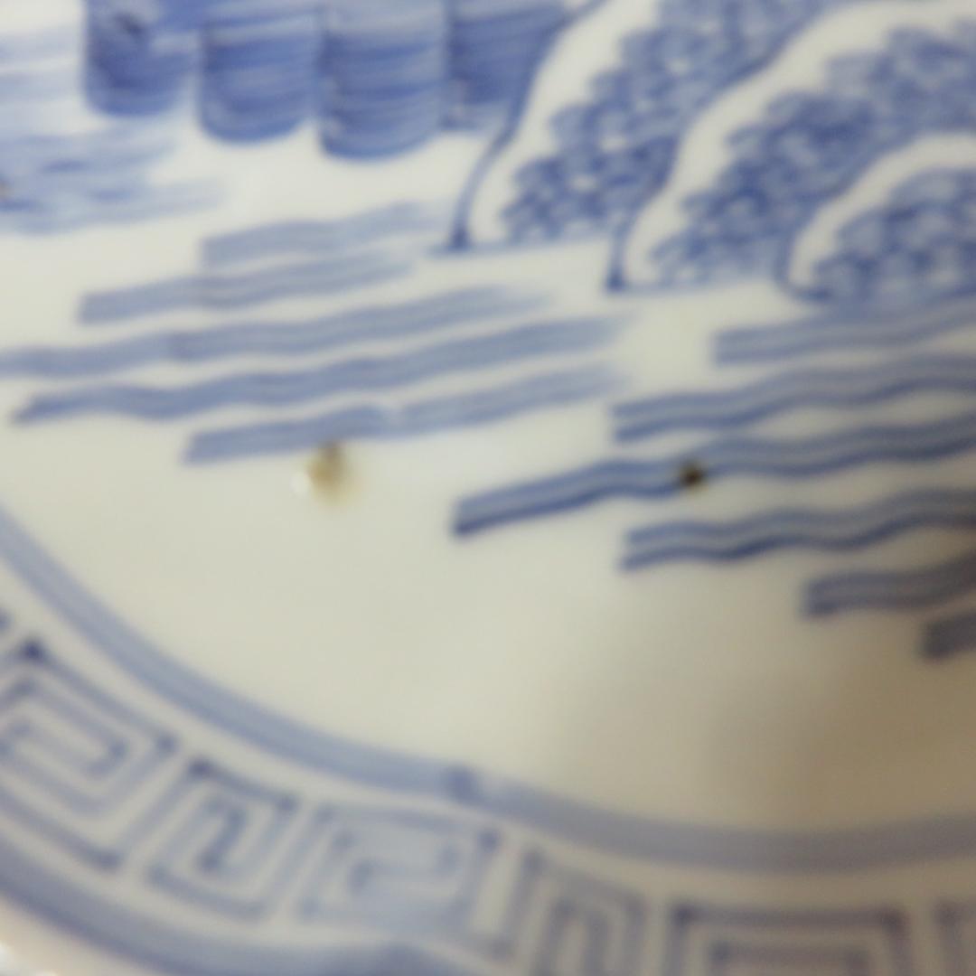 皿 5枚 中皿 染付 線描 染付 銘あり 山水 柳 家屋 古伊万里 江戸