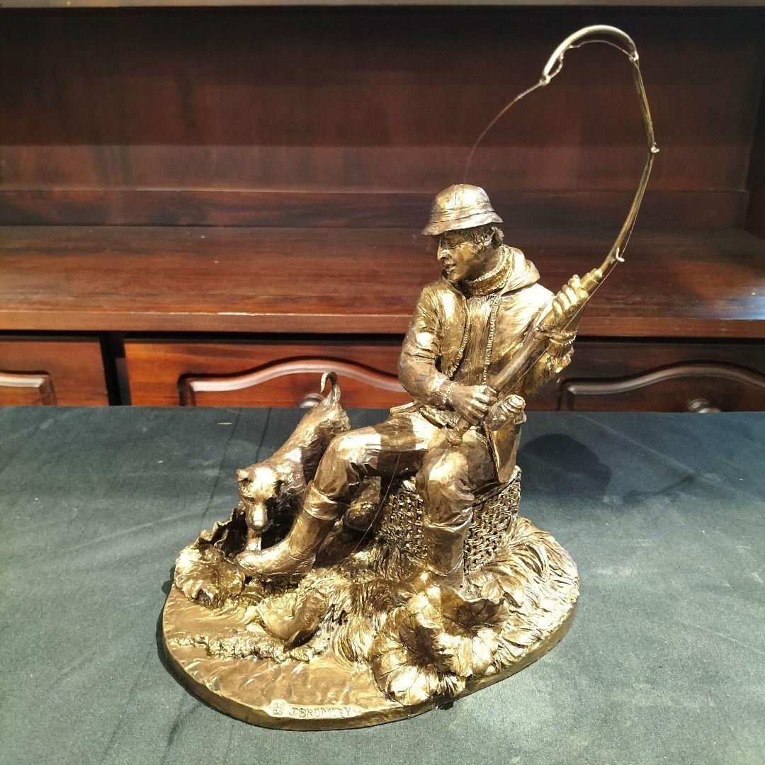 M♦希少　イギリスヴィンテージ　J. Bromley ブロンズ像　釣り人と犬
