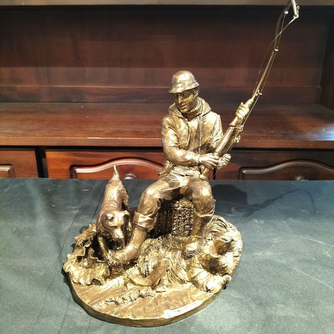 M♦希少　イギリスヴィンテージ　J. Bromley ブロンズ像　釣り人と犬