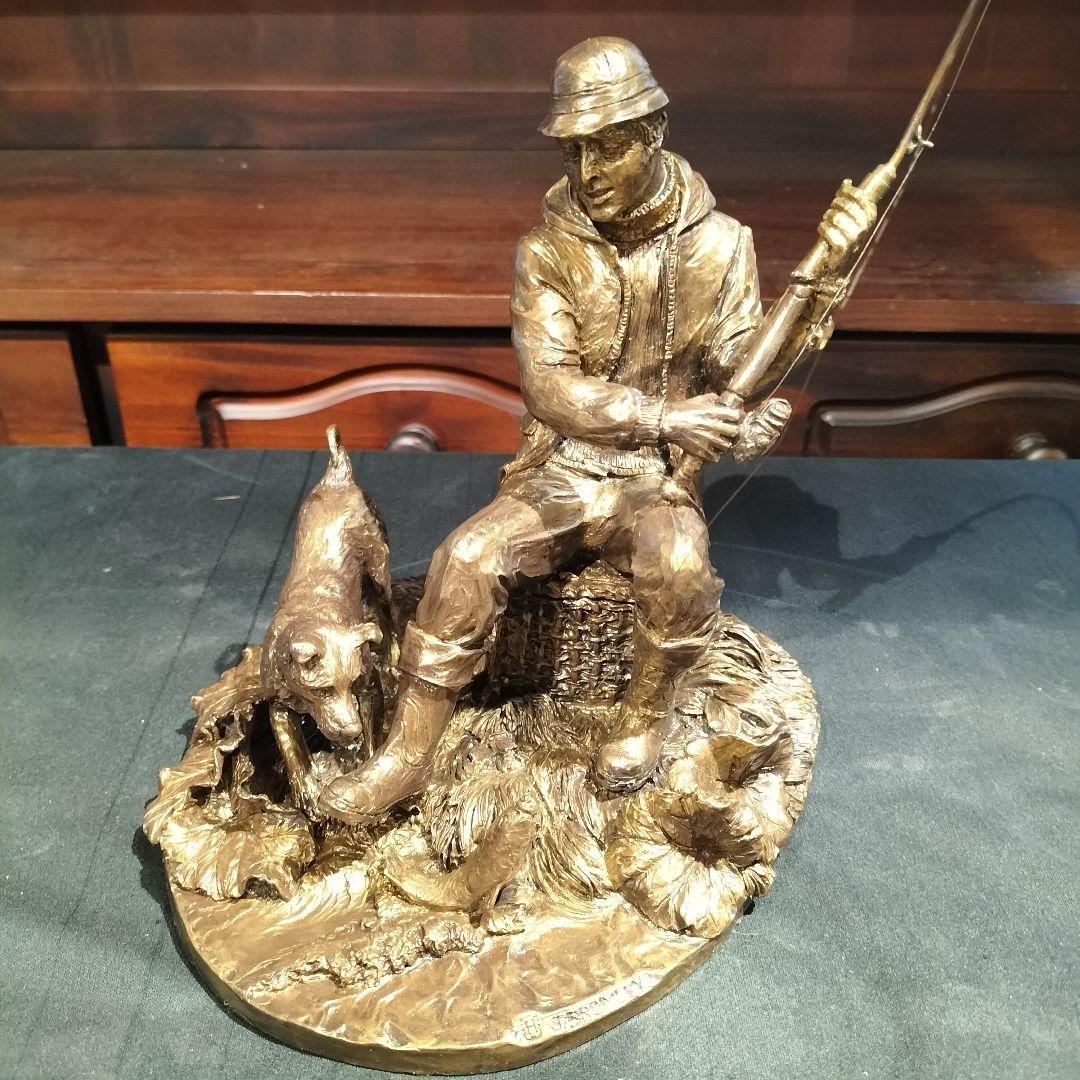 M♦希少　イギリスヴィンテージ　J. Bromley ブロンズ像　釣り人と犬