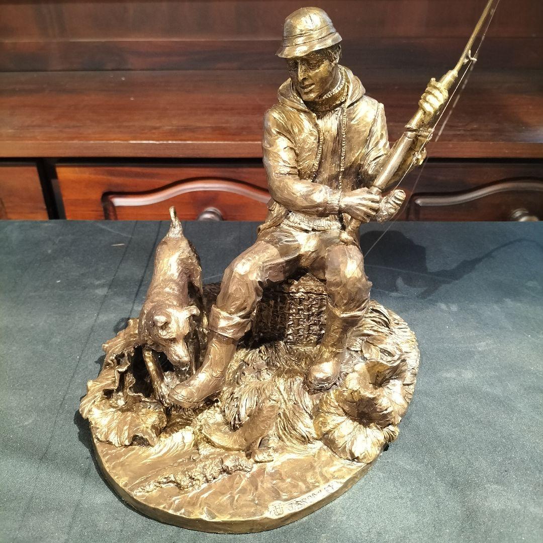 M♦希少　イギリスヴィンテージ　J. Bromley ブロンズ像　釣り人と犬