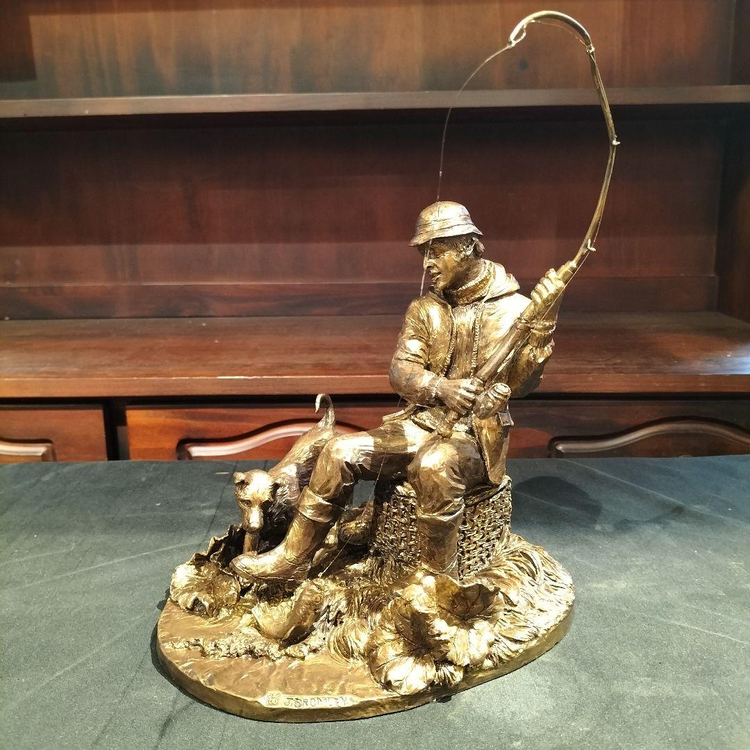 M♦希少　イギリスヴィンテージ　J. Bromley ブロンズ像　釣り人と犬