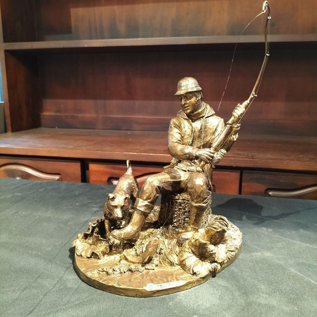 M♦希少　イギリスヴィンテージ　J. Bromley ブロンズ像　釣り人と犬