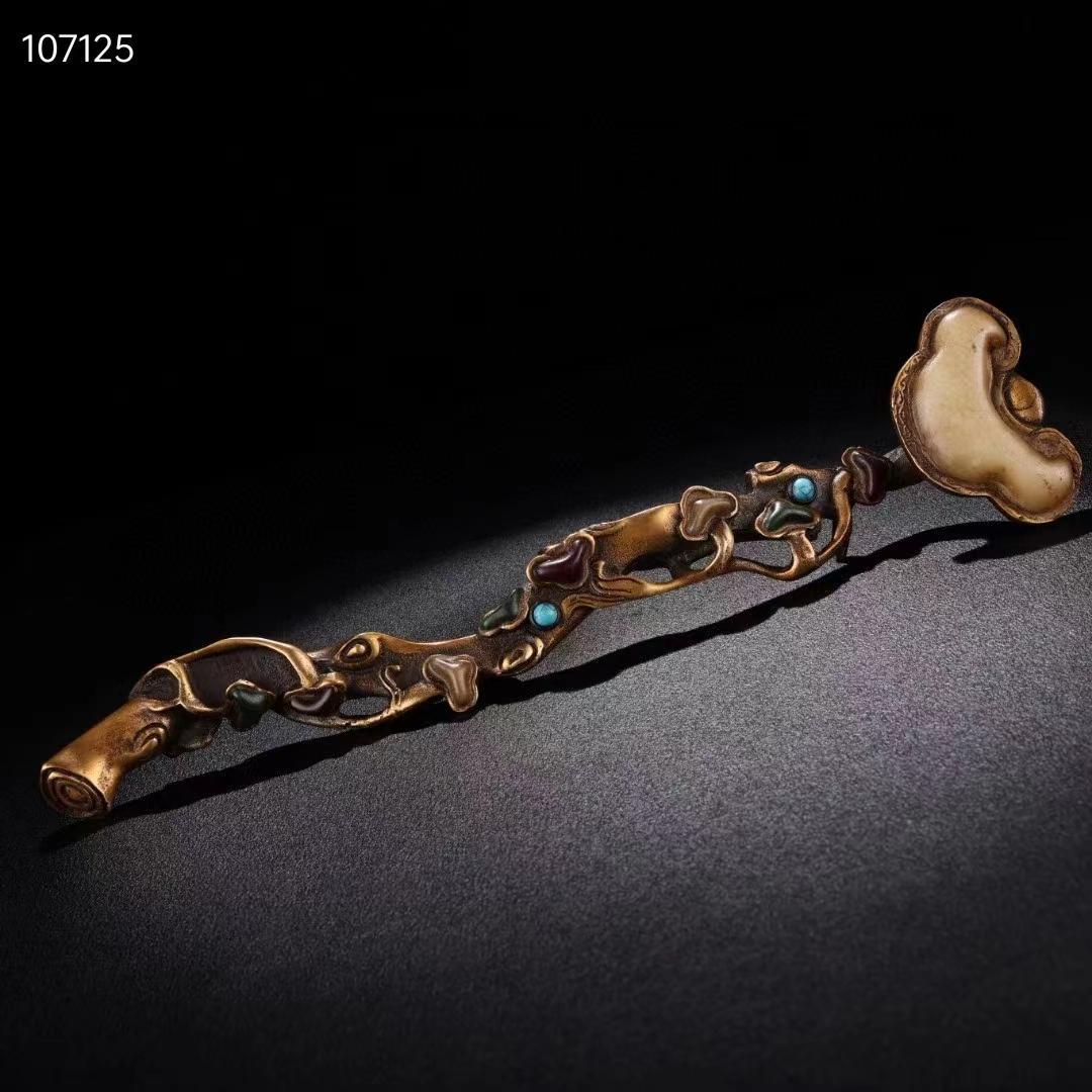 旧蔵・老純銅モザイク玉石宝石霊芝如意，品相保存完璧な・置物・古置物・賞物