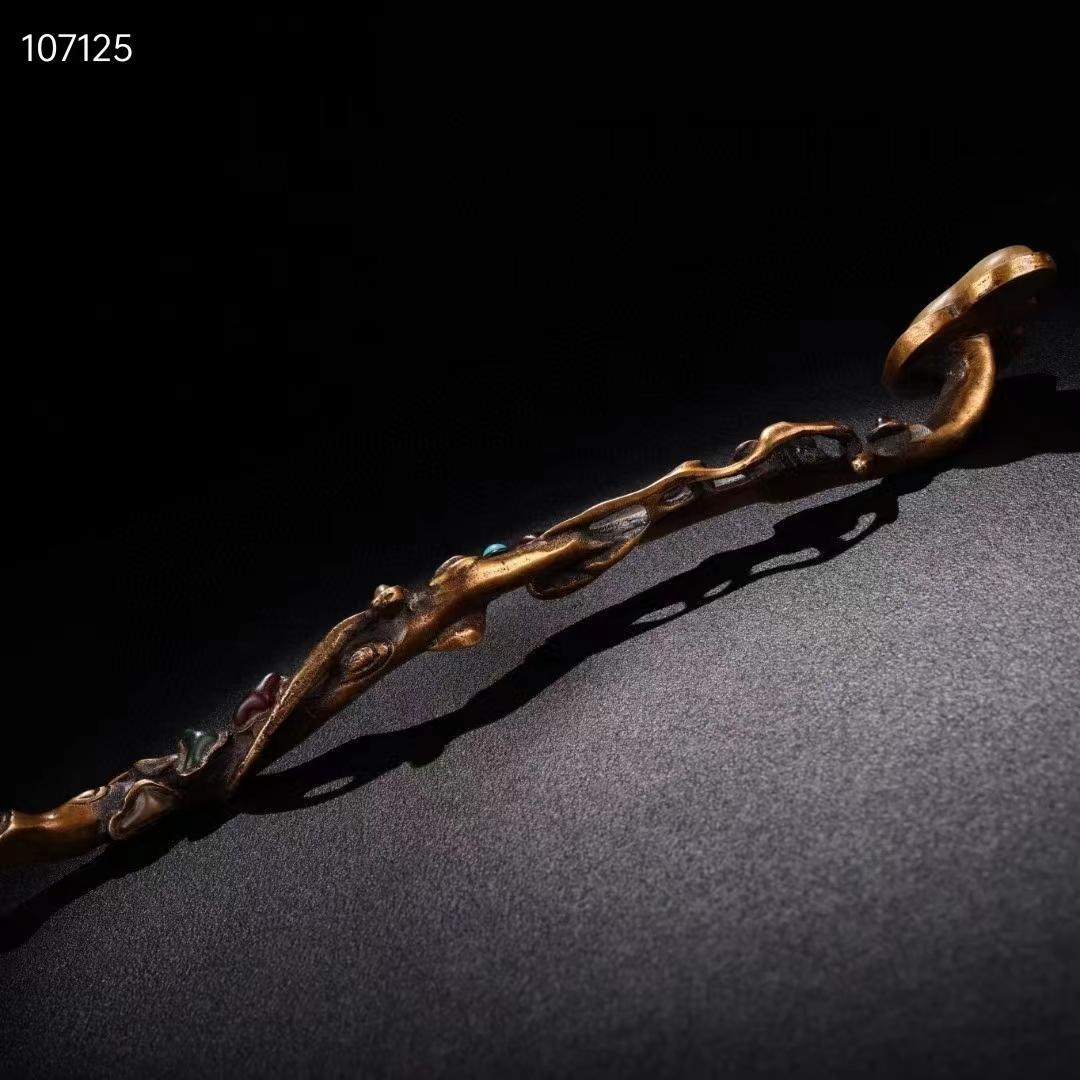 旧蔵・老純銅モザイク玉石宝石霊芝如意，品相保存完璧な・置物・古置物・賞物