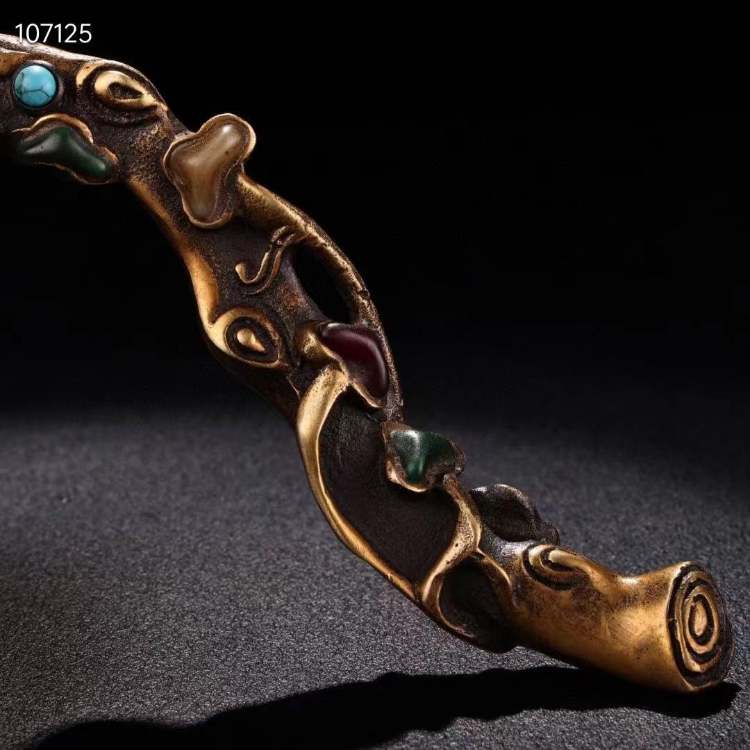 旧蔵・老純銅モザイク玉石宝石霊芝如意，品相保存完璧な・置物・古置物・賞物