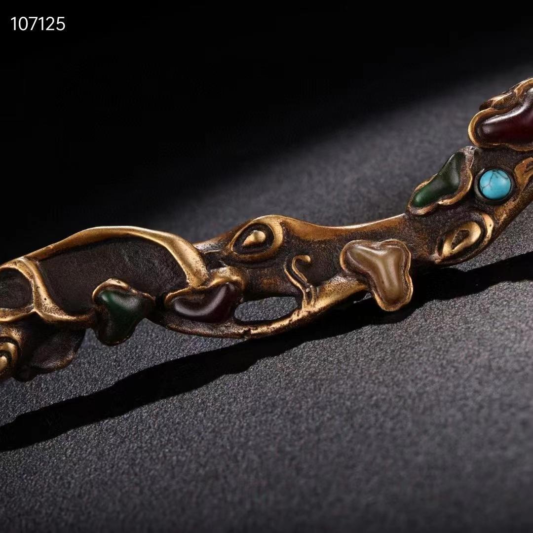 旧蔵・老純銅モザイク玉石宝石霊芝如意，品相保存完璧な・置物・古置物・賞物