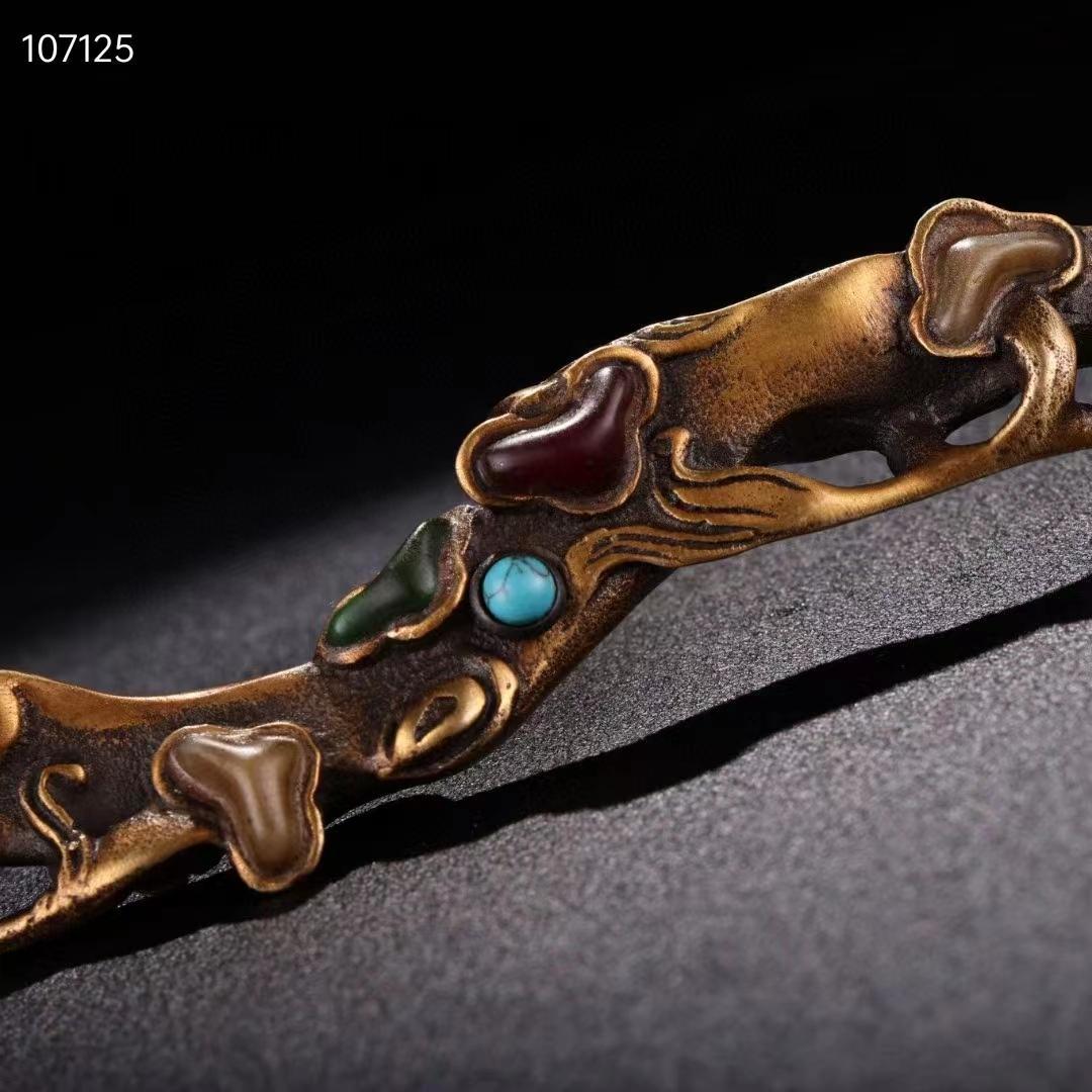 旧蔵・老純銅モザイク玉石宝石霊芝如意，品相保存完璧な・置物・古置物・賞物