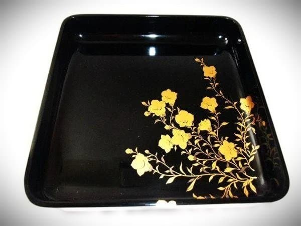 真黒蝋色塗 饅頭盆 桔梗蒔絵 金蒔絵 塗師「表哲」本漆器 時代物 骨董 美品