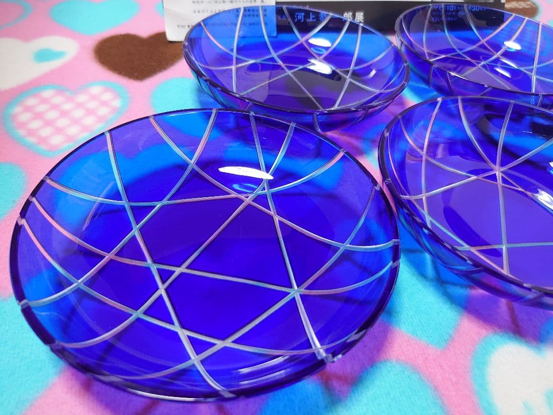 河上恭一郎 切子皿 瑠璃雪真垣文 5客 現代作家 カットグラス ガラス工芸 義山