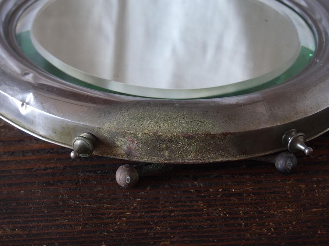 アルミフレーム 古い鏡 アールデコ 直径36.7cm 家具 /K397