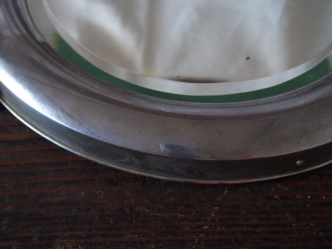 アルミフレーム 古い鏡 アールデコ 直径36.7cm 家具 /K397